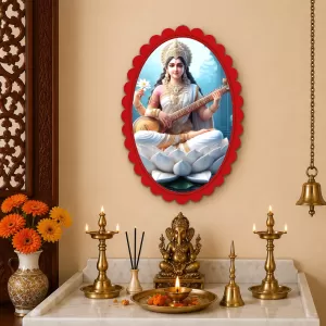 Saraswati Wall Decorative Showpiece 6 X 8 Inch | 4 MM MDF Wooden Glossy Sublimation Print | Back Hook Wall Hanging | Home Temple & Living Room Decor (F57452)