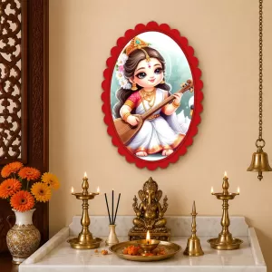 Saraswati Wall Decorative Showpiece 6 X 8 Inch | 4 MM MDF Wooden Glossy Sublimation Print | Back Hook Wall Hanging | Home Temple & Living Room Decor (F57465)
