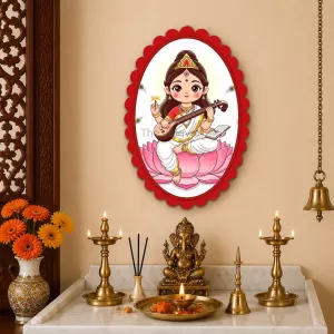 Saraswati Wall Decorative Showpiece 6 X 8 Inch | 4 MM MDF Wooden Glossy Sublimation Print | Back Hook Wall Hanging | Home Temple & Living Room Decor (F57495)