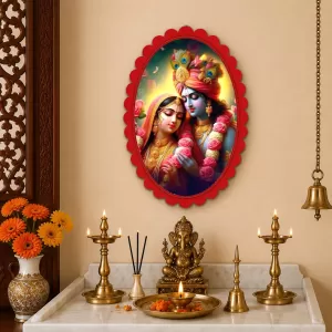 Krishna And Radha Wall Decorative Showpiece 6 X 8 Inch | 4 MM MDF Wooden Glossy Sublimation Print | Back Hook Wall Hanging | Home Temple & Living Room Decor (F57582)