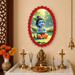 Lord Krishna Wall Decorative Showpiece 6 X 8 Inch | 4 MM MDF Wooden Glossy Sublimation Print | Back Hook Wall Hanging | Home Temple & Living Room Decor (F57685)