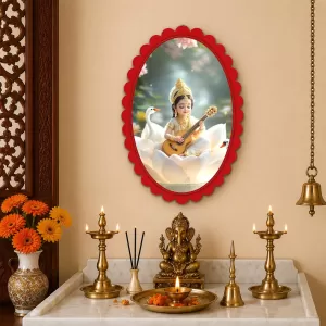 Saraswati Wall Decorative Showpiece 6 X 8 Inch | 4 MM MDF Wooden Glossy Sublimation Print | Back Hook Wall Hanging | Home Temple & Living Room Decor (F57722)
