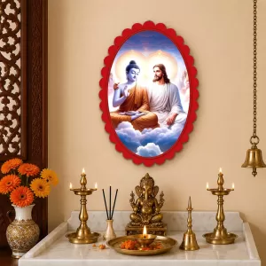 Gautama Buddha And Jesus Christ Wall Decorative Showpiece 6 X 8 Inch | 4 MM MDF Wooden Glossy Sublimation Print | Back Hook Wall Hanging | Home Temple & Living Room Decor (F57771)