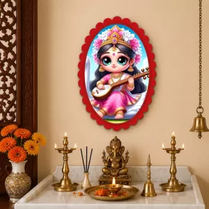 Saraswati Wall Decorative Showpiece 6 X 8 Inch | 4 MM MDF Wooden Glossy Sublimation Print | Back Hook Wall Hanging | Home Temple & Living Room Decor (F57772)