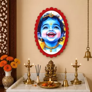Lord Krishna Wall Decorative Showpiece 6 X 8 Inch | 4 MM MDF Wooden Glossy Sublimation Print | Back Hook Wall Hanging | Home Temple & Living Room Decor (F57812)