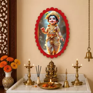Baby Krishna Wall Decorative Showpiece 6 X 8 Inch | 4 MM MDF Wooden Glossy Sublimation Print | Back Hook Wall Hanging | Home Temple & Living Room Decor (F57968)