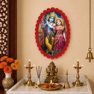 Krishna And Radha Wall Decorative Showpiece 6 X 8 Inch | 4 MM MDF Wooden Glossy Sublimation Print | Back Hook Wall Hanging | Home Temple & Living Room Decor (F57976)