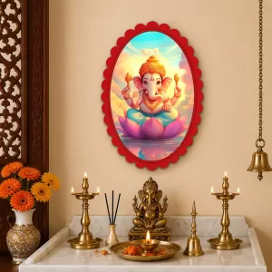 Ganesha Wall Decorative Showpiece 6 X 8 Inch | 4 MM MDF Wooden Glossy Sublimation Print | Back Hook Wall Hanging | Home Temple & Living Room Decor (F57996)