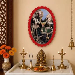 Krishna And Radha Wall Decorative Showpiece 6 X 8 Inch | 4 MM MDF Wooden Glossy Sublimation Print | Back Hook Wall Hanging | Home Temple & Living Room Decor (F58032)