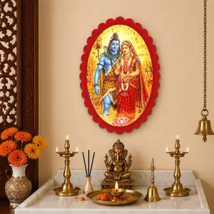 Shiva And Parvati Wall Decorative Showpiece 6 X 8 Inch | 4 MM MDF Wooden Glossy Sublimation Print | Back Hook Wall Hanging | Home Temple & Living Room Decor (F58200)