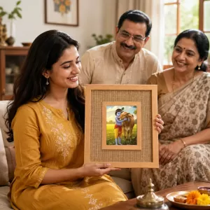Lord Krishna And Cow Laminated Jute Wall Photo Frame, 14 X 16 Inch (F174284) Lord Krishna And Cow Laminated Jute Wall Photo Frame, 14 X 16 Inch (F174284)
