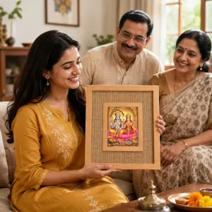 Goddess Lakshmi And Narayan Laminated Jute Wall Photo Frame, 14 X 16 Inch (F174529) Goddess Lakshmi And Narayan Laminated Jute Wall Photo Frame, 14 X 16 Inch (F174529)