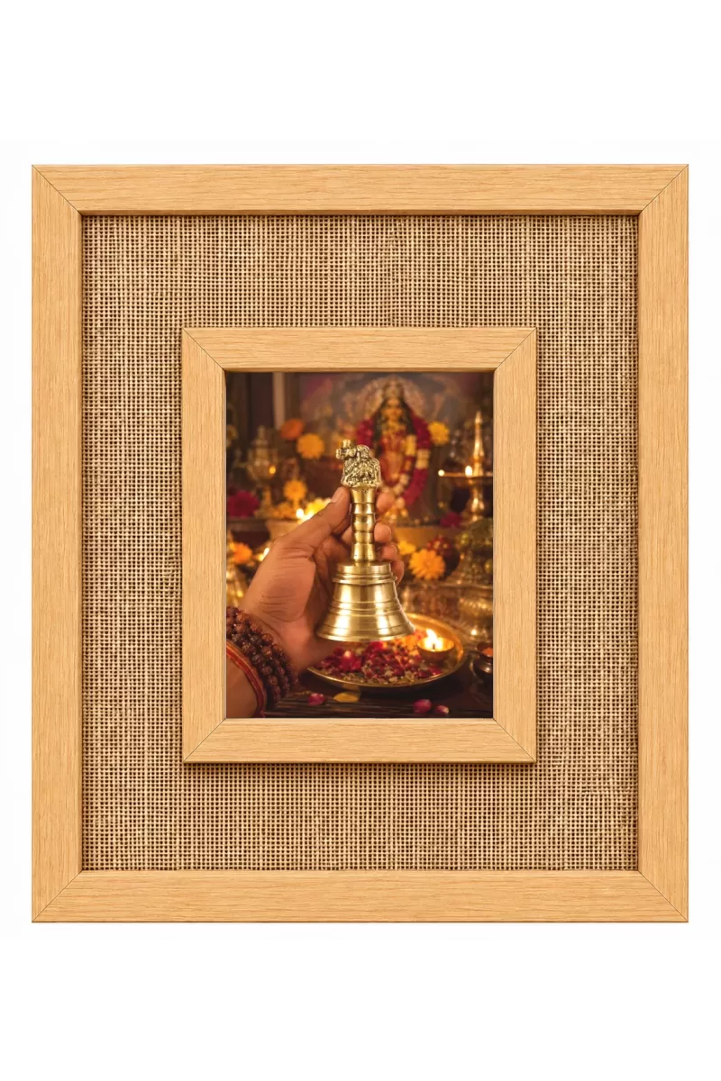 Traditional Brass Ritual Bell (ghanti) Laminated Jute Wall Photo Frame, 14 X 16 Inch (F173893)