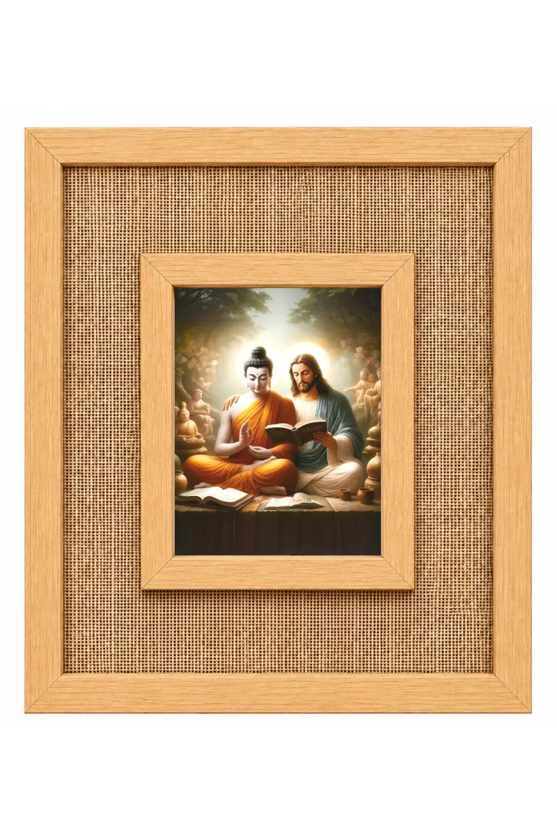 Buddha And Jesus Christ Laminated Jute Wall Photo Frame, 14 X 16 Inch (F173933)