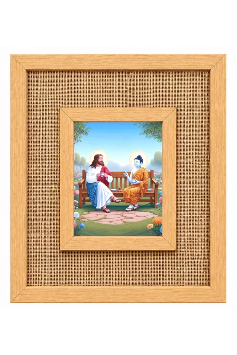 Jesus Christ And Buddha Laminated Jute Wall Photo Frame, 14 X 16 Inch (F174325)