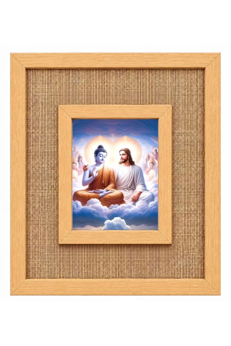 Buddha And Jesus Christ Laminated Jute Wall Photo Frame, 14 X 16 Inch (F174625)