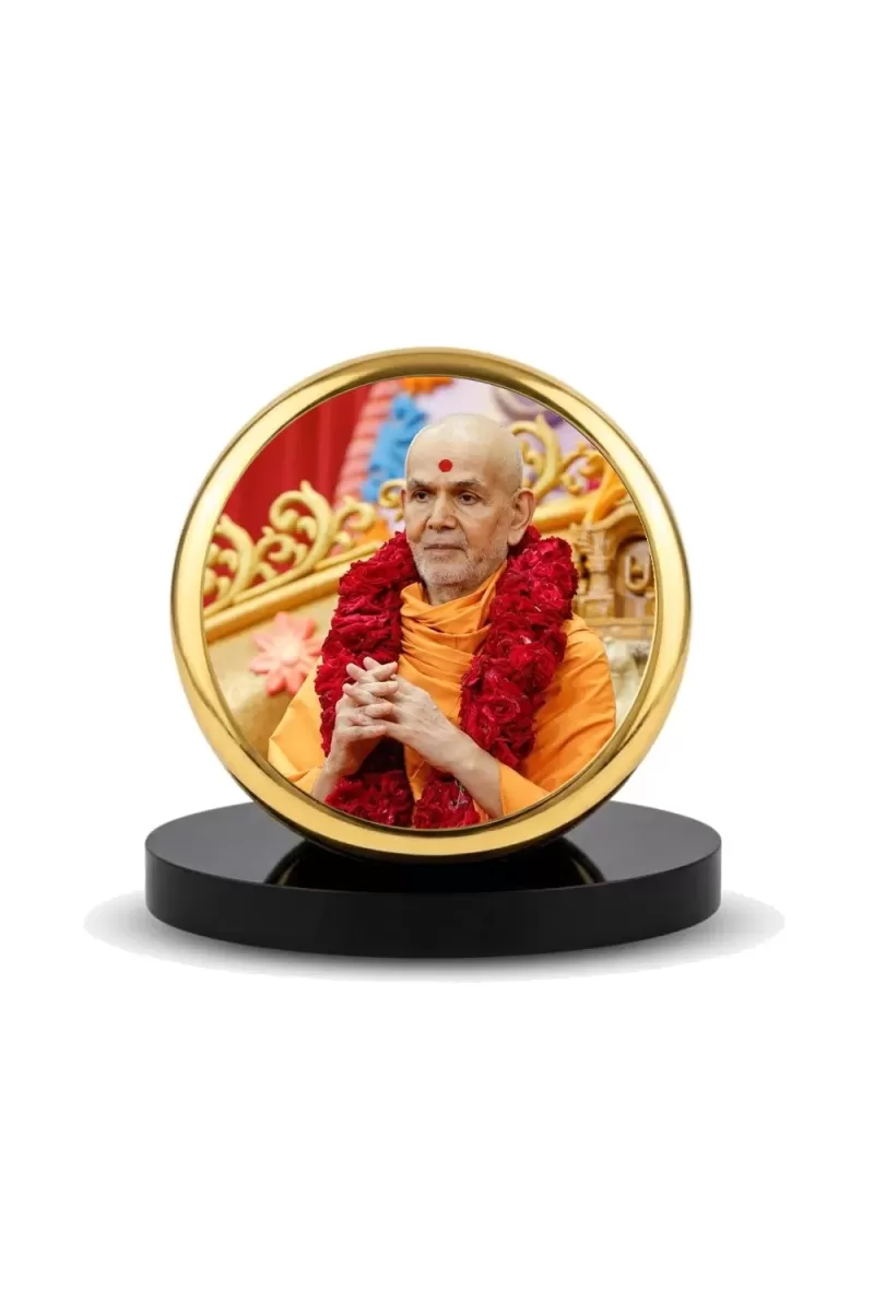 Car Dashboard/Table Top  Mahant Swami Maharaj Metal Golden Photo Stand  2x2 Inches, Compact & Stylish Spiritual Display For Car, Home & Office (Pack Of 1) (F24512)