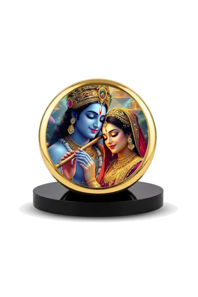 Car Dashboard/Table Top  Radha And Krishna  Metal Golden Photo Stand  2x2 Inches, Compact & Stylish Spiritual Display For Car, Home & Office (Pack Of 1) (F24514)