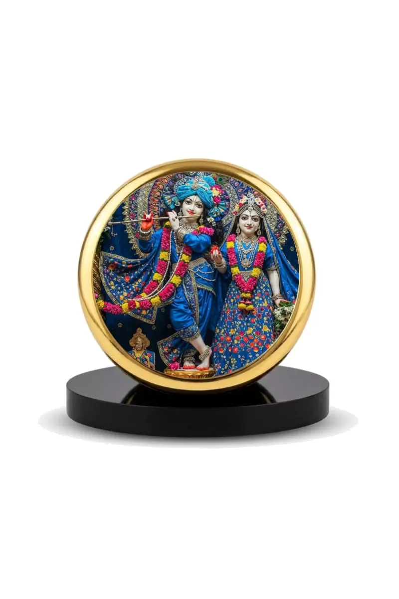 Car Dashboard/Table Top  Radha And Krishna  Metal Golden Photo Stand  2x2 Inches, Compact & Stylish Spiritual Display For Car, Home & Office (Pack Of 1) (F24517)