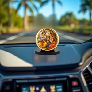 Car Dashboard/Table Top Radha And Krishna Metal Golden Photo Stand  2x2 Inches, Compact & Stylish Spiritual Display For Car, Home & Office (Pack Of 1) (F24522)