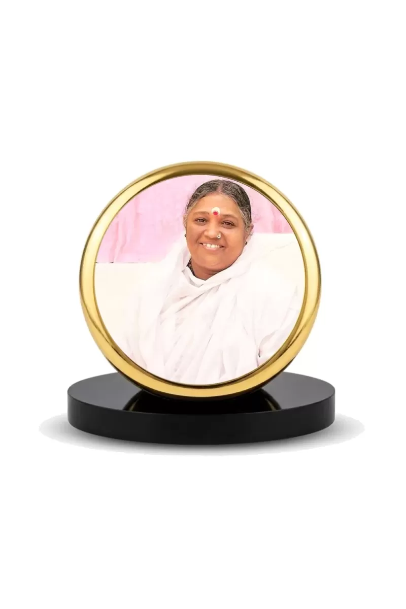 Car Dashboard/Table Top  Mata Amritanandamayi Metal Golden Photo Stand  2x2 Inches, Compact & Stylish Spiritual Display For Car, Home & Office (Pack Of 1) (F24526)