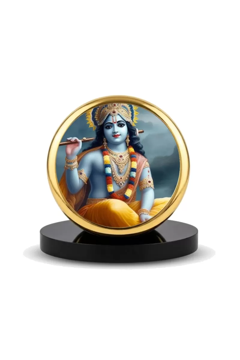 Car Dashboard/Table Top  Lord Krishna Metal Golden Photo Stand  2x2 Inches, Compact & Stylish Spiritual Display For Car, Home & Office (Pack Of 1) (F24531)