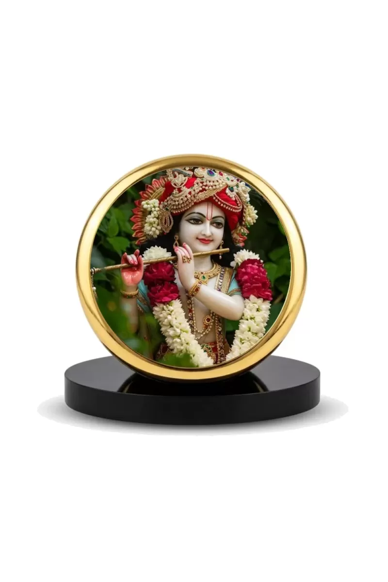 Car Dashboard/Table Top Lord Krishna Metal Golden Photo Stand  2x2 Inches, Compact & Stylish Spiritual Display For Car, Home & Office (Pack Of 1) (F24542)