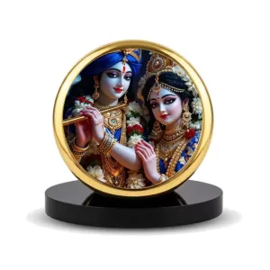 Car Dashboard/Table Top Radha Krishna  Metal Golden Photo Stand  2x2 Inches, Compact & Stylish Spiritual Display For Car, Home & Office (Pack Of 1) (F24544)