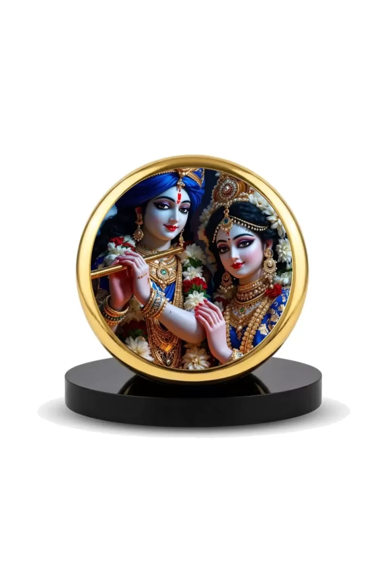 Car Dashboard/Table Top Radha Krishna  Metal Golden Photo Stand  2x2 Inches, Compact & Stylish Spiritual Display For Car, Home & Office (Pack Of 1) (F24544)