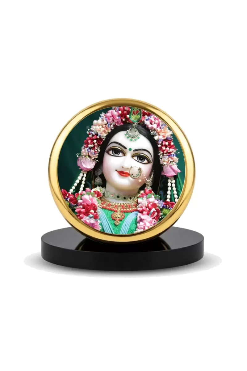 Car Dashboard/Table Top Srimati Radha Rani Metal Golden Photo Stand  2x2 Inches, Compact & Stylish Spiritual Display For Car, Home & Office (Pack Of 1) (F24550)