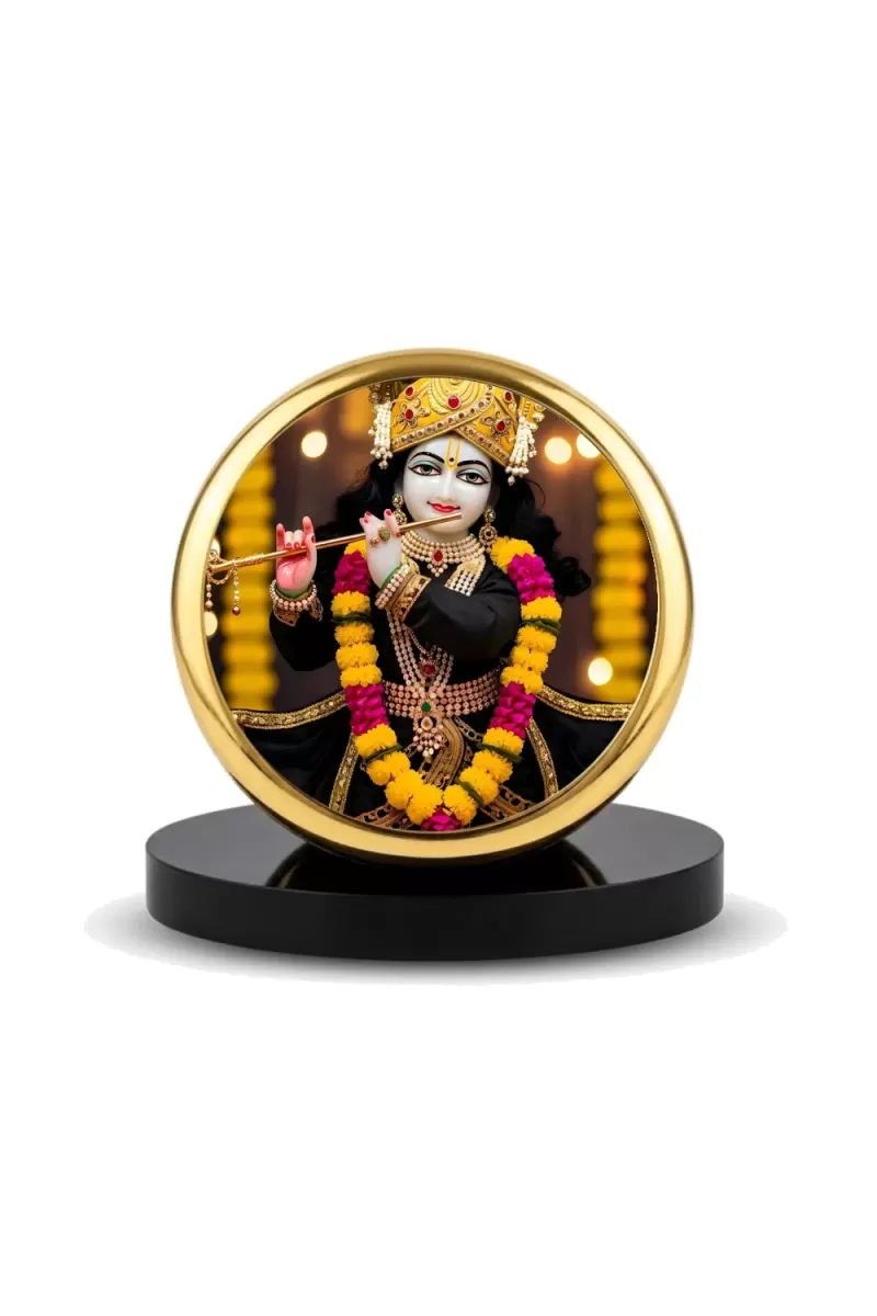 Car Dashboard/Table Top Radha Krishna  Metal Golden Photo Stand  2x2 Inches, Compact & Stylish Spiritual Display For Car, Home & Office (Pack Of 1) (F24552)