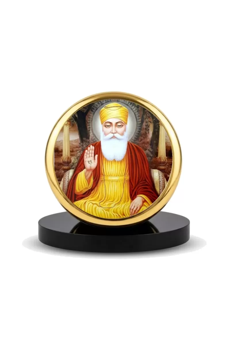 Car Dashboard/Table Top Guru Nanak Dev Ji Metal Golden Photo Stand  2x2 Inches, Compact & Stylish Spiritual Display For Car, Home & Office (Pack Of 1) (F24554)