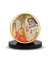 Car Dashboard/Table Top  Meera Bai Playing A Sitar While Lord Krishna  Metal Golden Photo Stand  2x2 Inches, Compact & Stylish Spiritual Display For Car, Home & Office (Pack Of 1) (F24557)