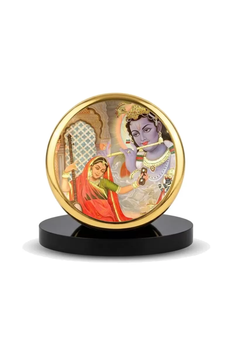 Car Dashboard/Table Top  Meera Bai Playing A Sitar While Lord Krishna  Metal Golden Photo Stand  2x2 Inches, Compact & Stylish Spiritual Display For Car, Home & Office (Pack Of 1) (F24557)