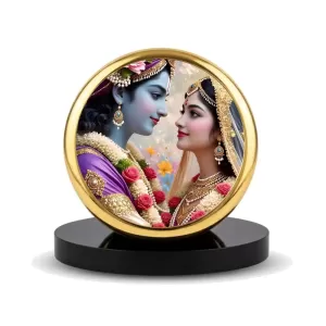 Car Dashboard/Table Top Radha Krishna  Metal Golden Photo Stand  2x2 Inches, Compact & Stylish Spiritual Display For Car, Home & Office (Pack Of 1) (F24558)