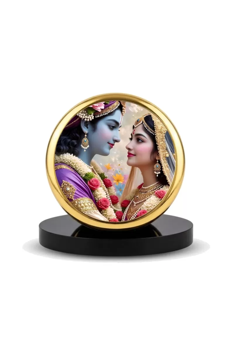 Car Dashboard/Table Top Radha Krishna  Metal Golden Photo Stand  2x2 Inches, Compact & Stylish Spiritual Display For Car, Home & Office (Pack Of 1) (F24558)