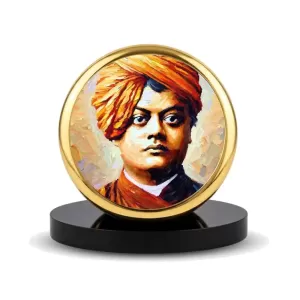 Car Dashboard/Table Top Swami Vivekananda Metal Golden Photo Stand  2x2 Inches, Compact & Stylish Spiritual Display For Car, Home & Office (Pack Of 1) (F24561)