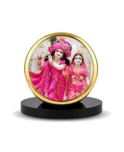 Car Dashboard/Table Top  Radha And Krishna Metal Golden Photo Stand  2x2 Inches, Compact & Stylish Spiritual Display For Car, Home & Office (Pack Of 1) (F24564)