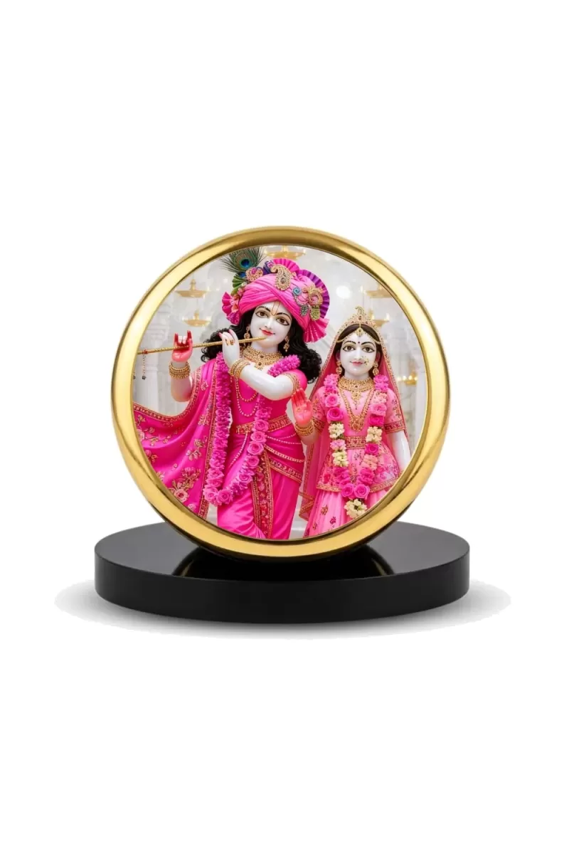 Car Dashboard/Table Top  Radha And Krishna Metal Golden Photo Stand  2x2 Inches, Compact & Stylish Spiritual Display For Car, Home & Office (Pack Of 1) (F24564)