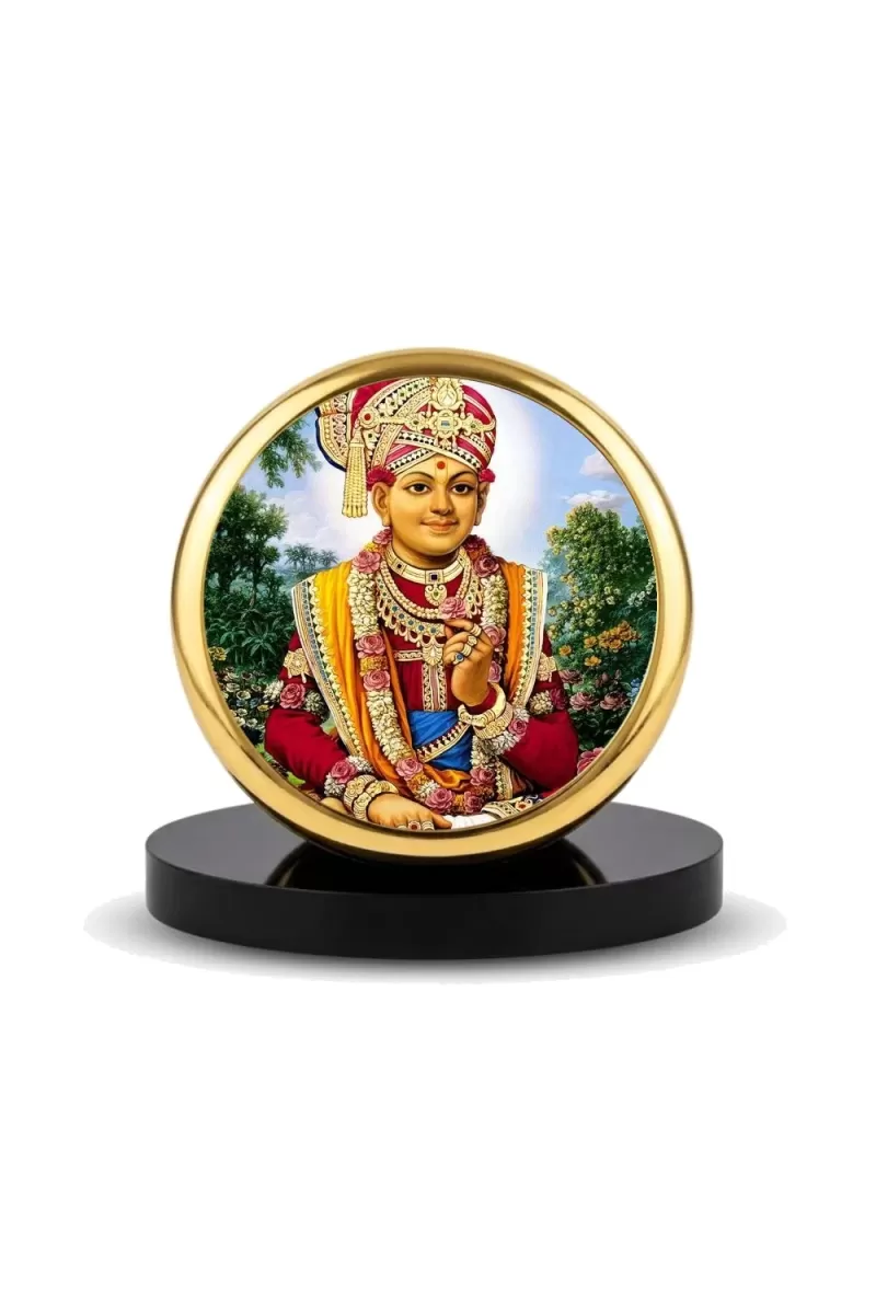 Car Dashboard/Table Top  Lord Swaminarayan Metal Golden Photo Stand  2x2 Inches, Compact & Stylish Spiritual Display For Car, Home & Office (Pack Of 1) (F24569)