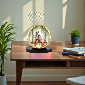 Car Dashboard/Table Top Radha Krishna Metal Golden Photo Stand  2x2 Inches, Compact & Stylish Spiritual Display For Car, Home & Office (Pack Of 1) (F24570)