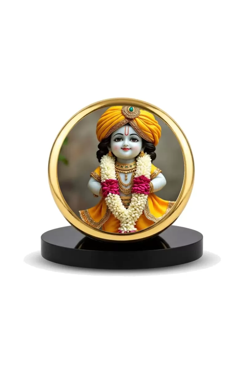Car Dashboard/Table Top Lord Krishna Metal Golden Photo Stand  2x2 Inches, Compact & Stylish Spiritual Display For Car, Home & Office (Pack Of 1) (F24571)