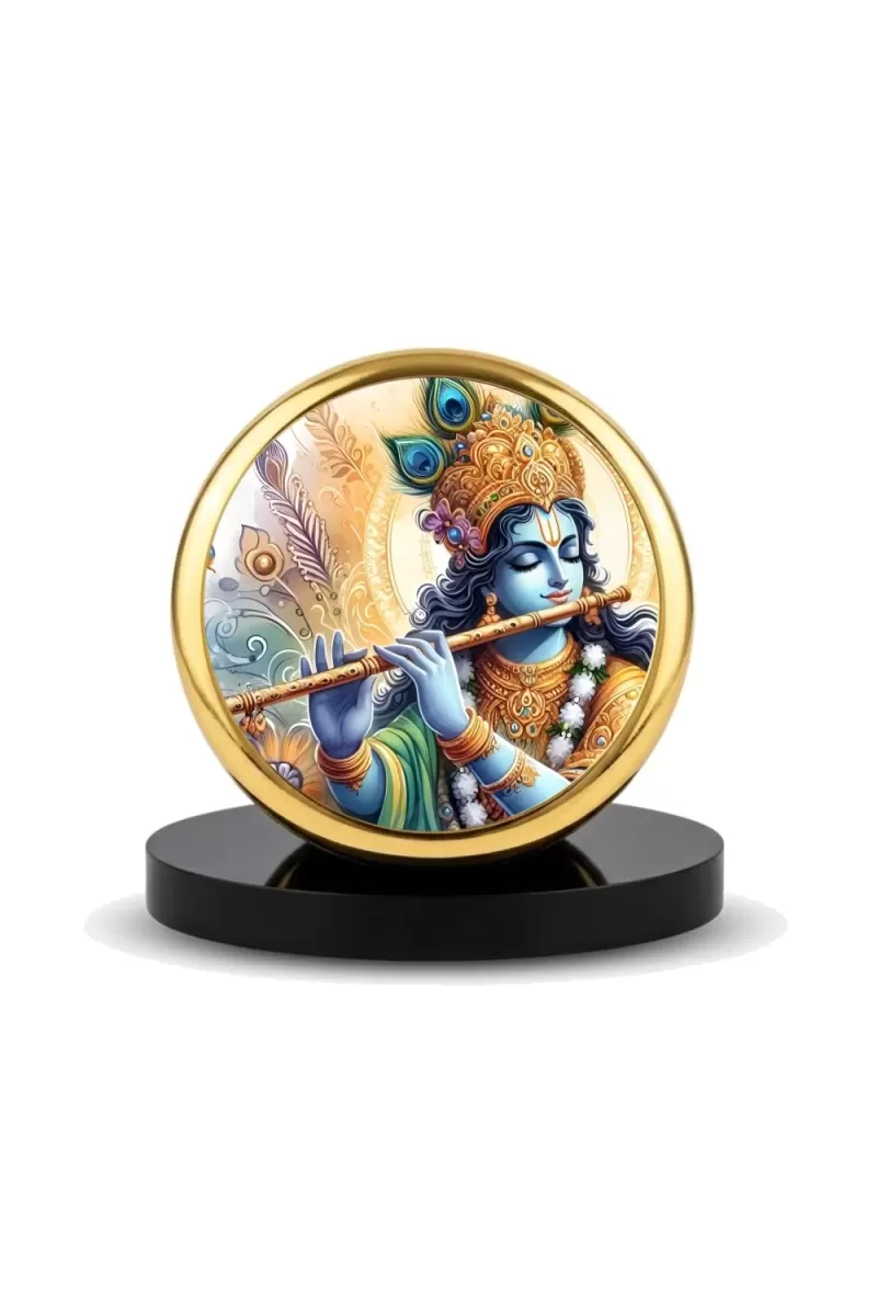 Car Dashboard/Table Top Lord Krishna Metal Golden Photo Stand  2x2 Inches, Compact & Stylish Spiritual Display For Car, Home & Office (Pack Of 1) (F24572)