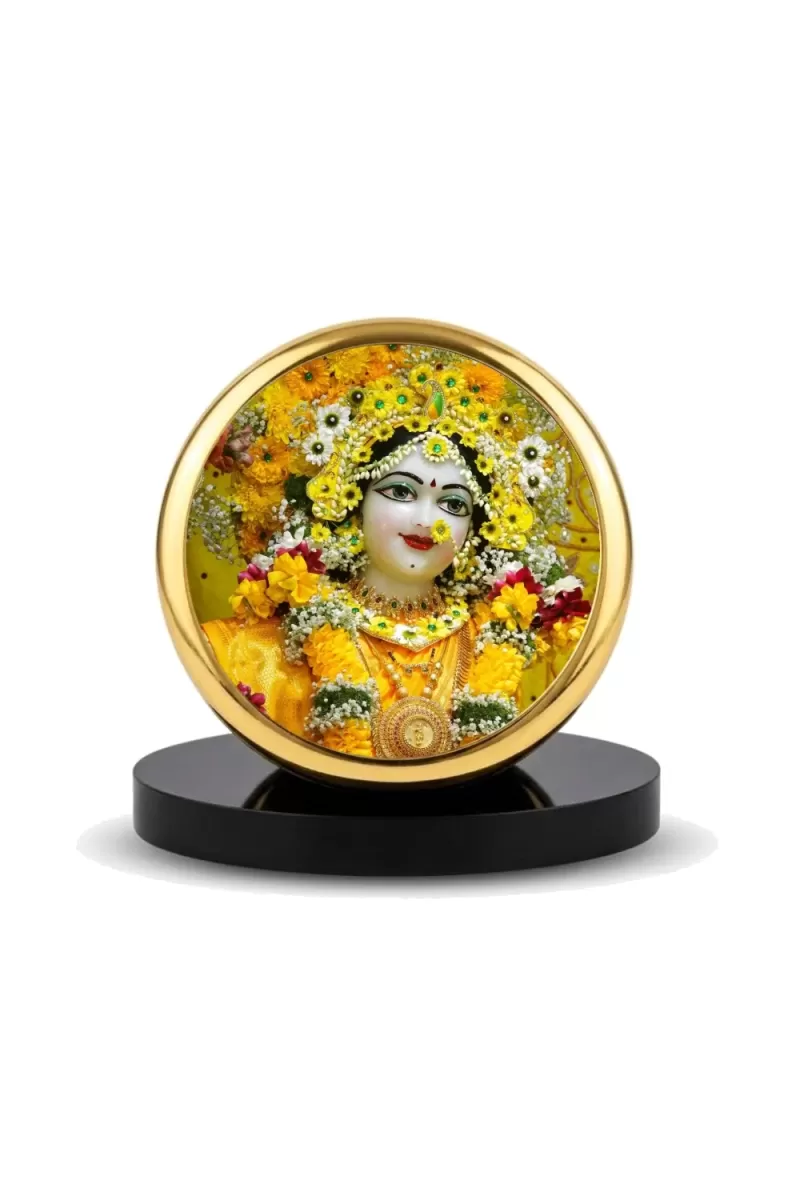 Car Dashboard/Table Top Sri Sri  Radharani Metal Golden Photo Stand  2x2 Inches, Compact & Stylish Spiritual Display For Car, Home & Office (Pack Of 1) (F24619)