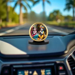 Car Dashboard/Table Top Radha Krishna  Metal Golden Photo Stand  2x2 Inches, Compact & Stylish Spiritual Display For Car, Home & Office (Pack Of 1) (F24684)
