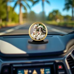Car Dashboard/Table Top Radha Krishna  Metal Golden Photo Stand  2x2 Inches, Compact & Stylish Spiritual Display For Car, Home & Office (Pack Of 1) (F24686)