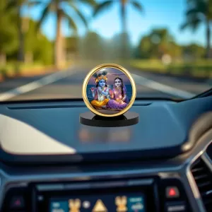 Car Dashboard/Table Top Radha Krishna  Metal Golden Photo Stand  2x2 Inches, Compact & Stylish Spiritual Display For Car, Home & Office (Pack Of 1) (F24689)