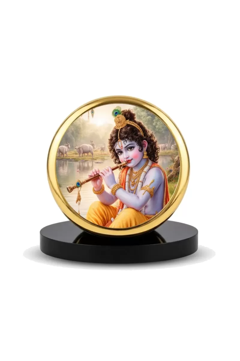 Car Dashboard/Table Top  Lord Krishna Metal Golden Photo Stand  2x2 Inches, Compact & Stylish Spiritual Display For Car, Home & Office (Pack Of 1) (F24693)