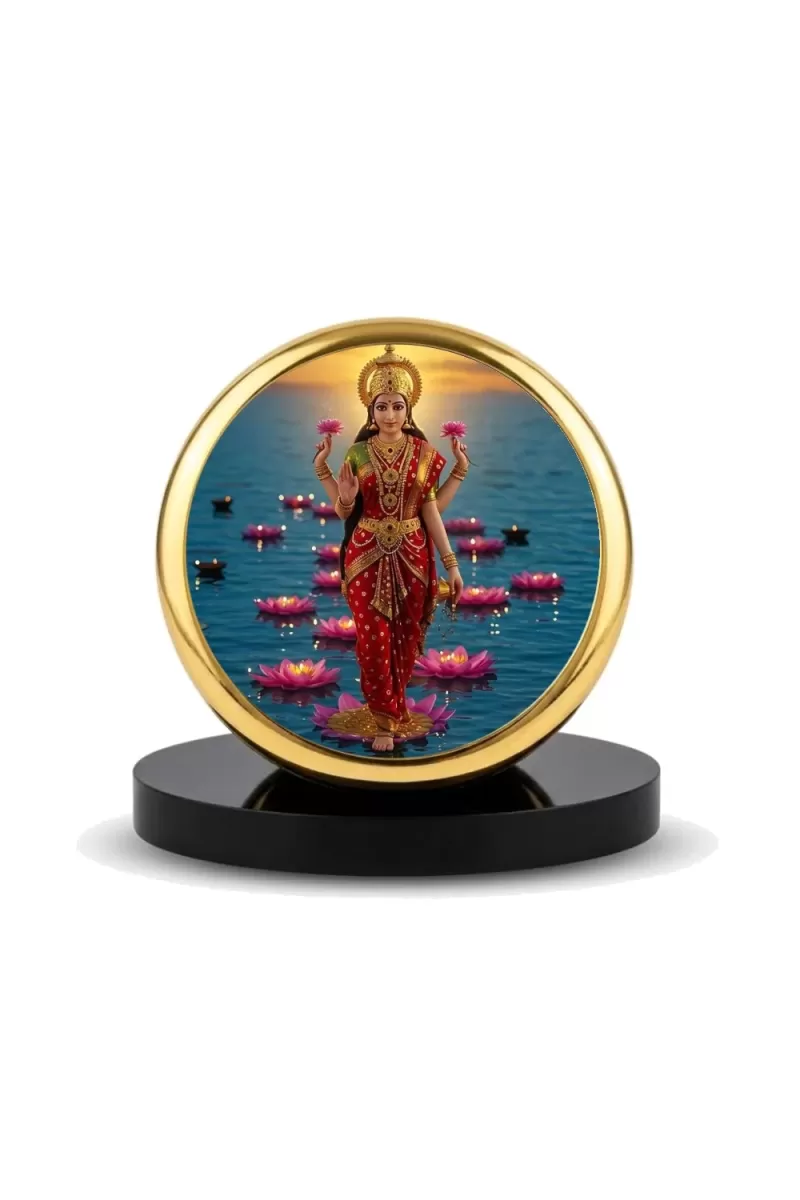 Car Dashboard/Table Top  Goddess Lakshmi Metal Golden Photo Stand  2x2 Inches, Compact & Stylish Spiritual Display For Car, Home & Office (Pack Of 1) (F24706)