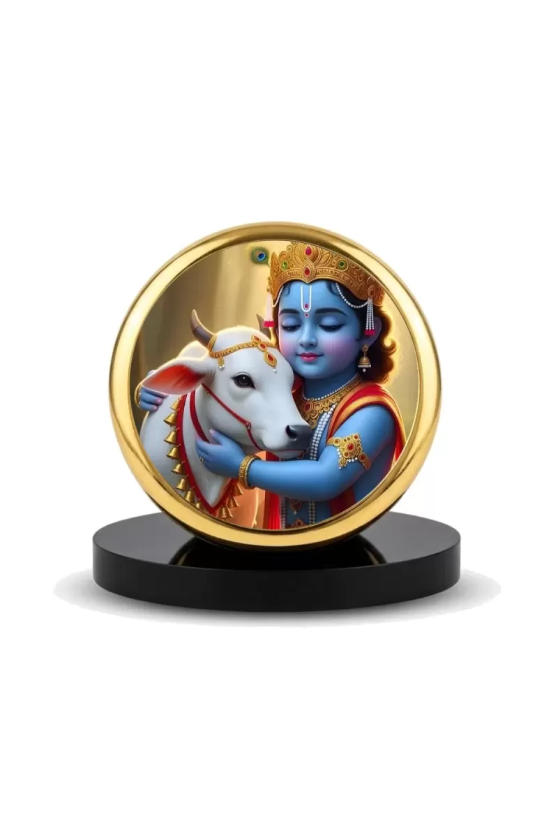 Car Dashboard/Table Top Lord Krishna Metal Golden Photo Stand  2x2 Inches, Compact & Stylish Spiritual Display For Car, Home & Office (Pack Of 1) (F24730)